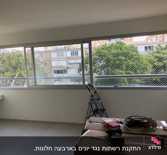 רשת על חלון, סולם, כלי עבודה על קרטון